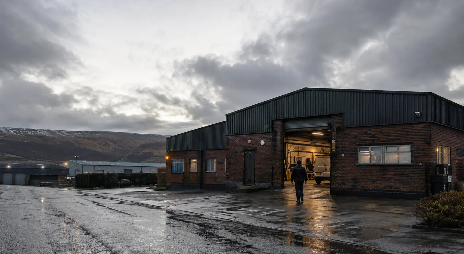 Representational contemporary Lancashire industrial workshop after rain