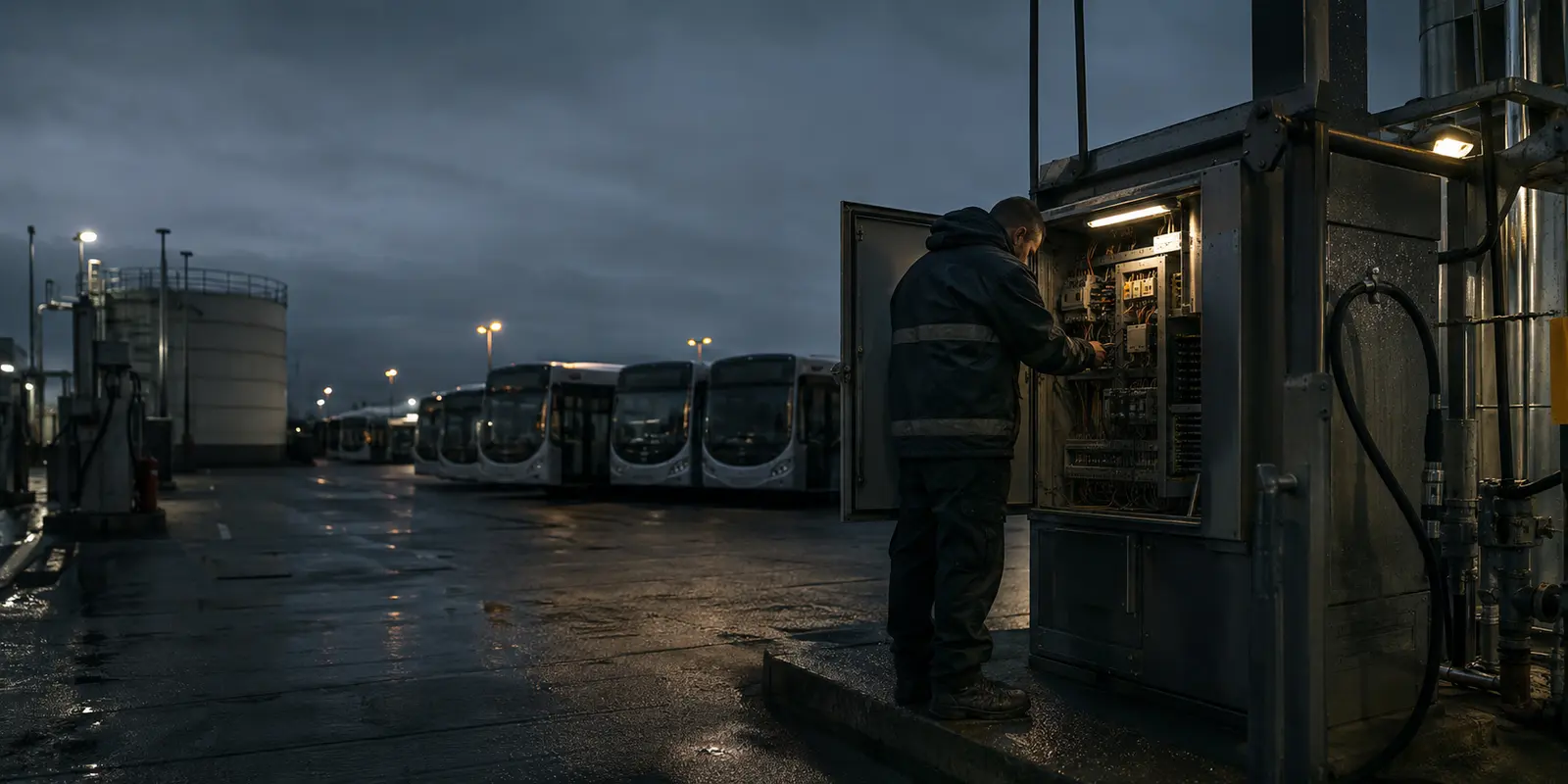 Representational engineer commissioning industrial control equipment at a bus depot before dawn