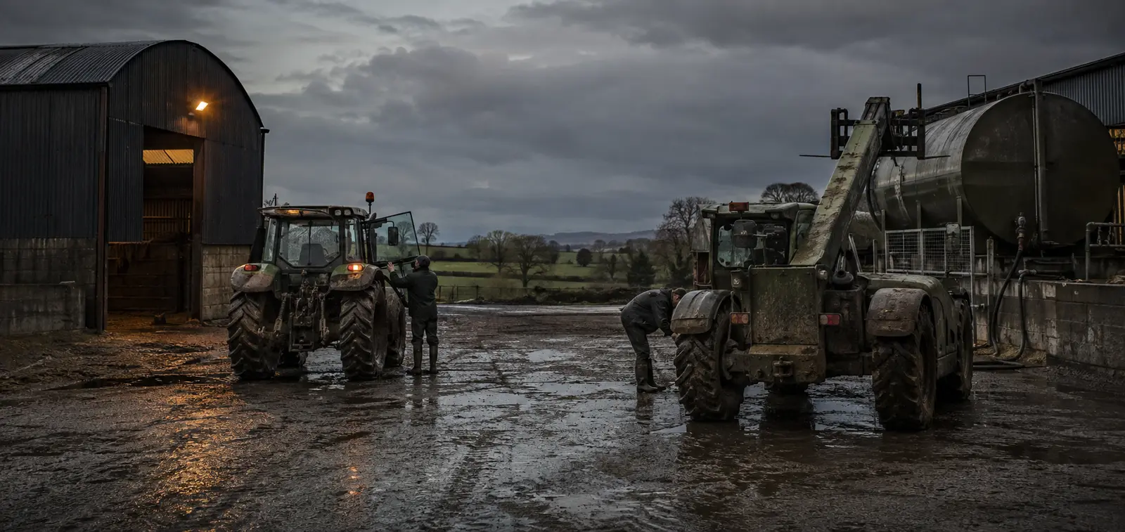 Representational agricultural machinery in a wet British farmyard