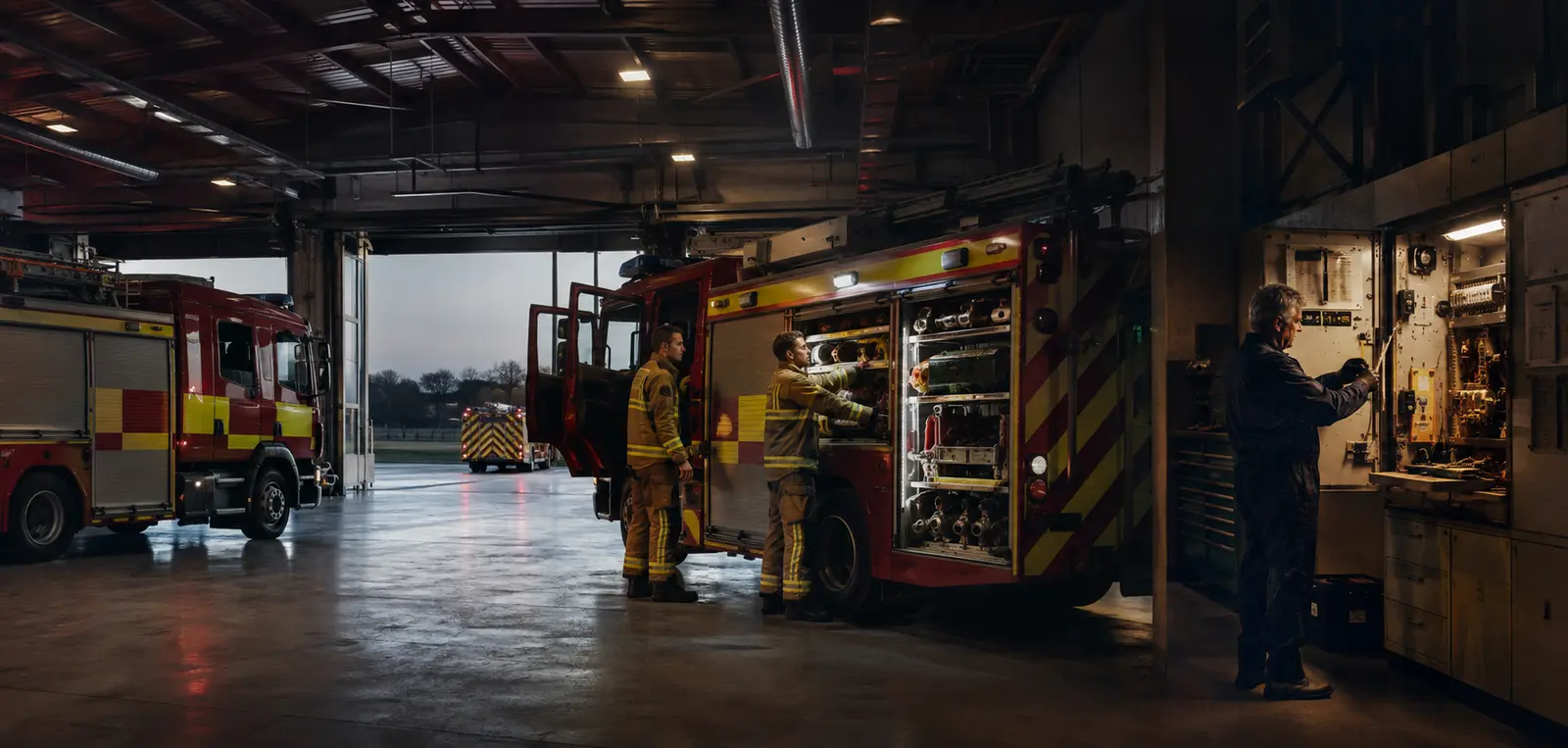 Representational fire and rescue vehicle depot before a shift