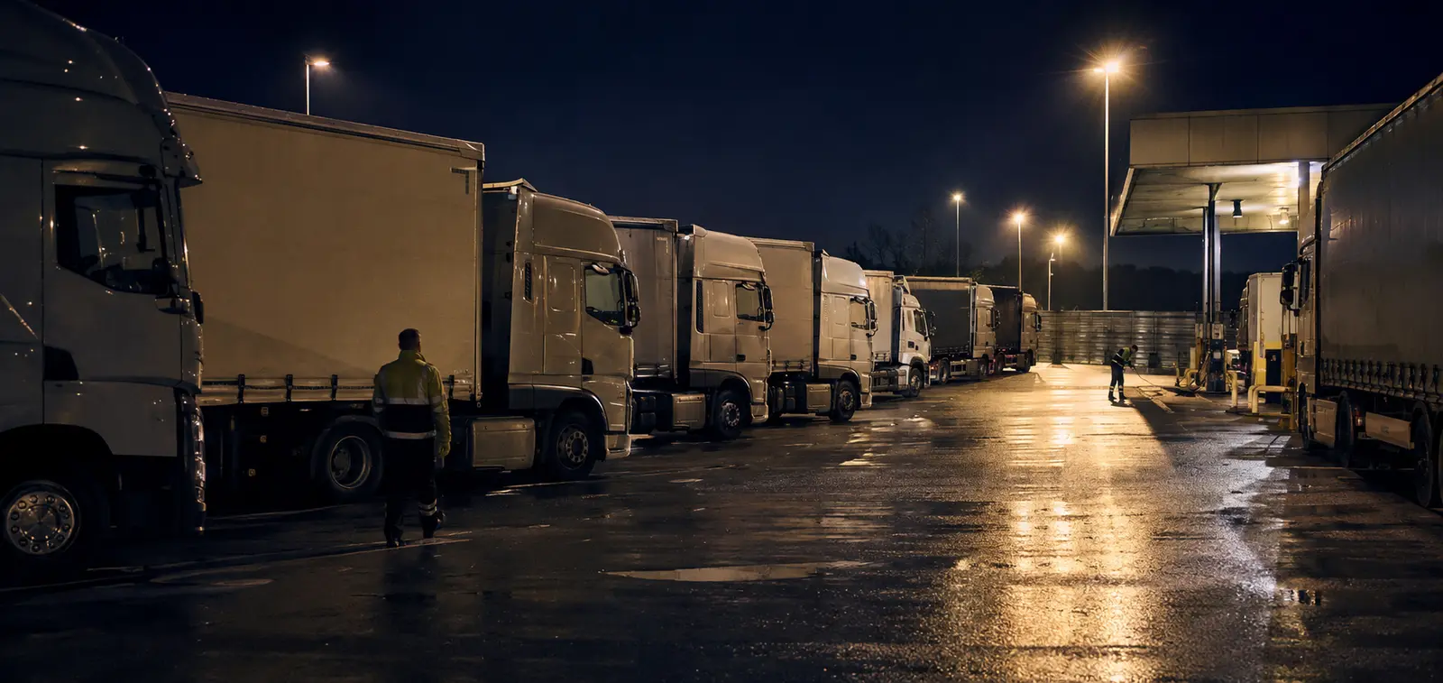 Representational UK haulage depot operating at night