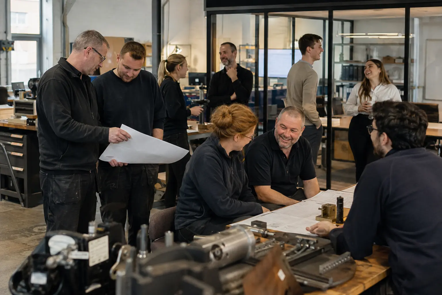 Contemporary representational Fueltek team working together in an engineering workshop