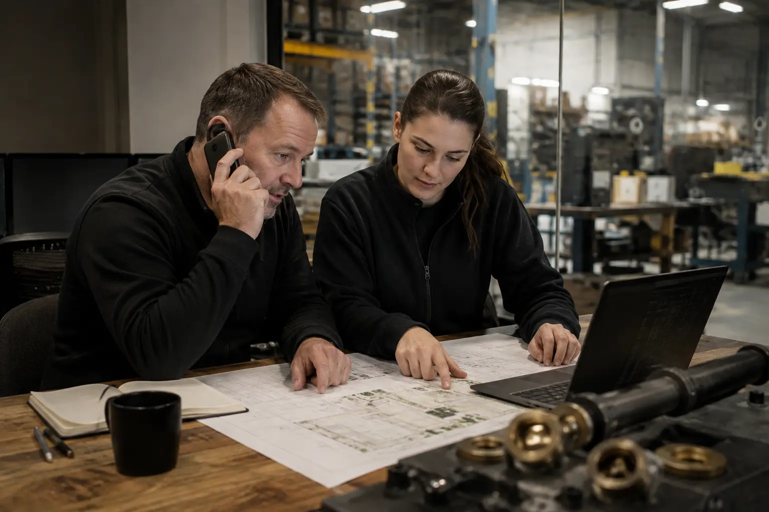 Representational sales and engineering colleagues reviewing a customer site plan and translating the requirement into a practical proposal