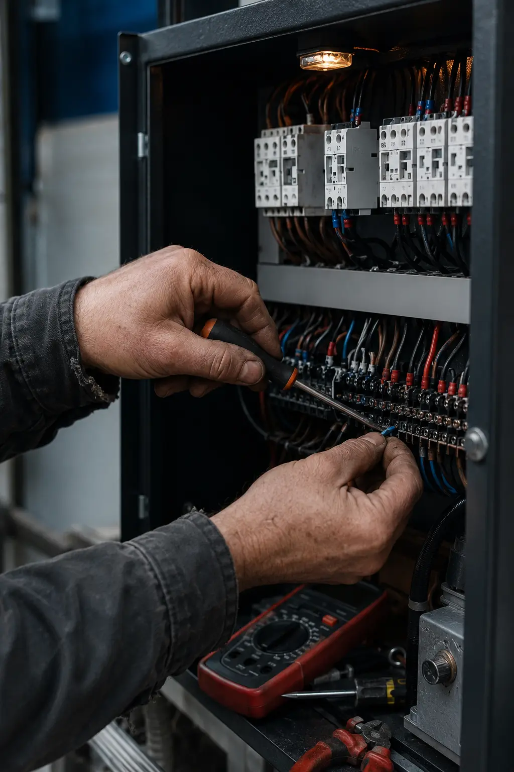 Representational close-up of an engineer wiring an industrial control cabinet