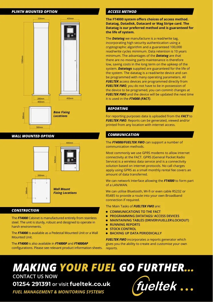 Fueltek technical drawing and product literature