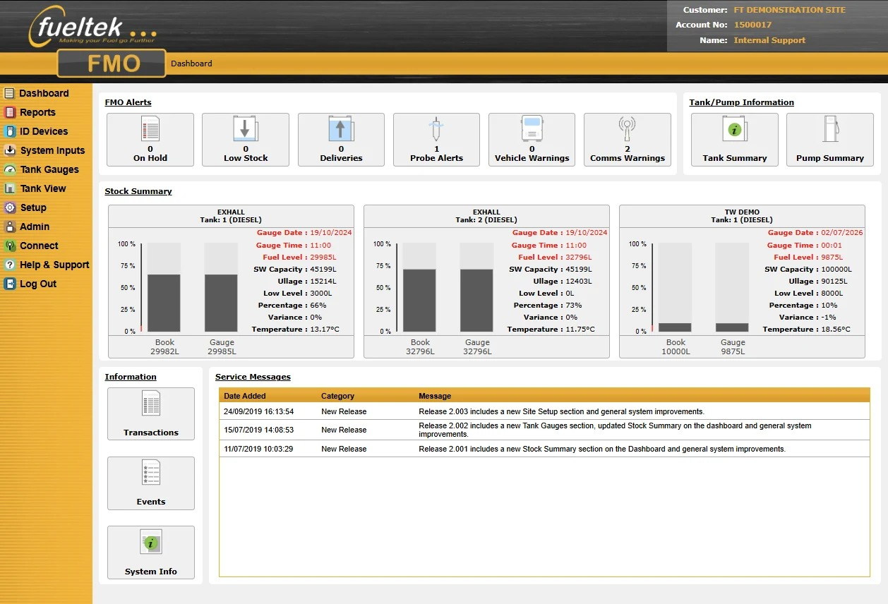 Fueltek FMO desktop dashboard