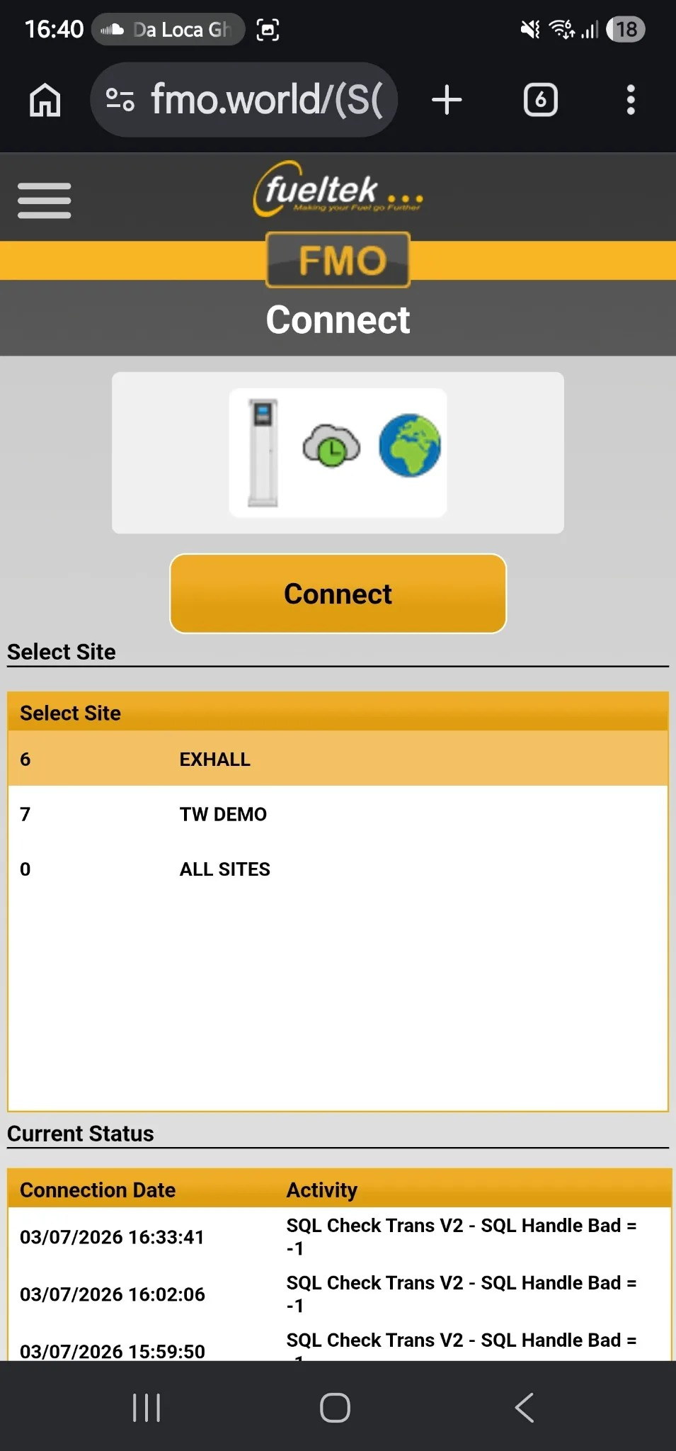 FMO mobile connect screen