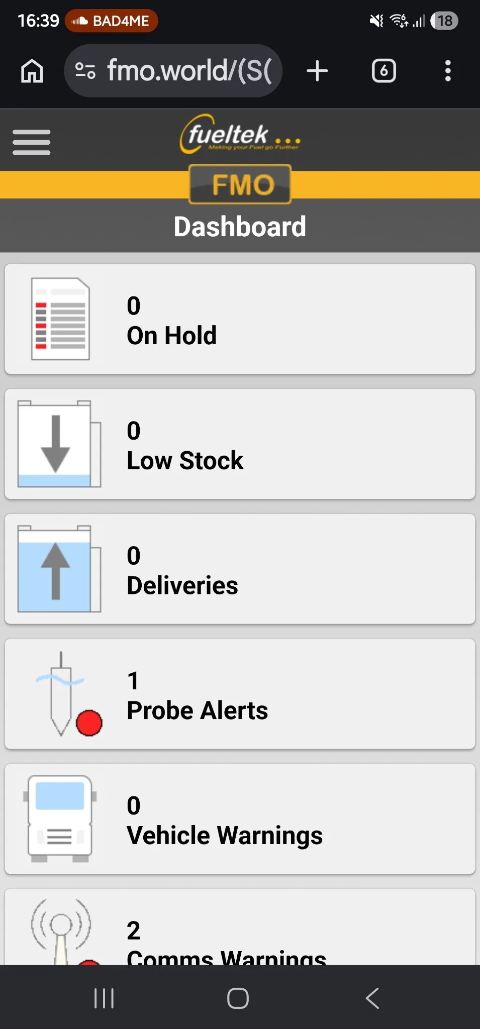 Fueltek FMO mobile dashboard