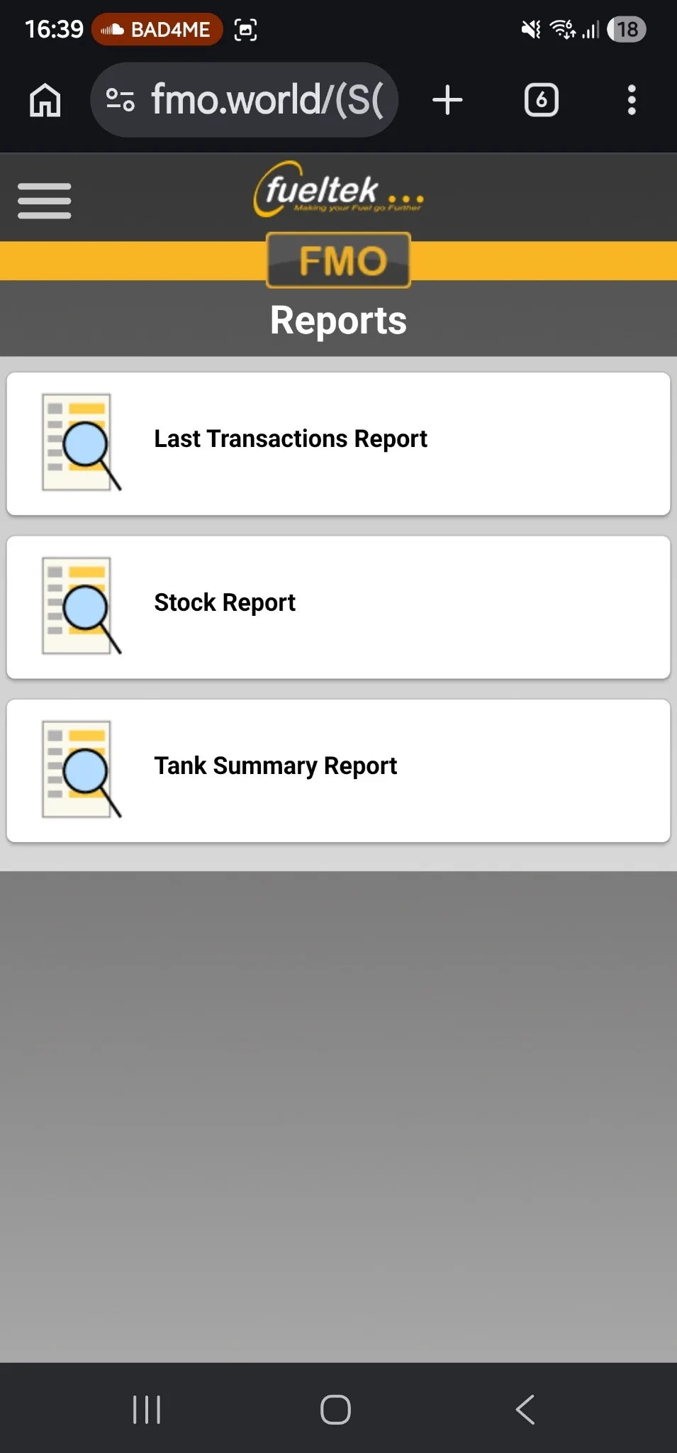 FMO mobile reports screen